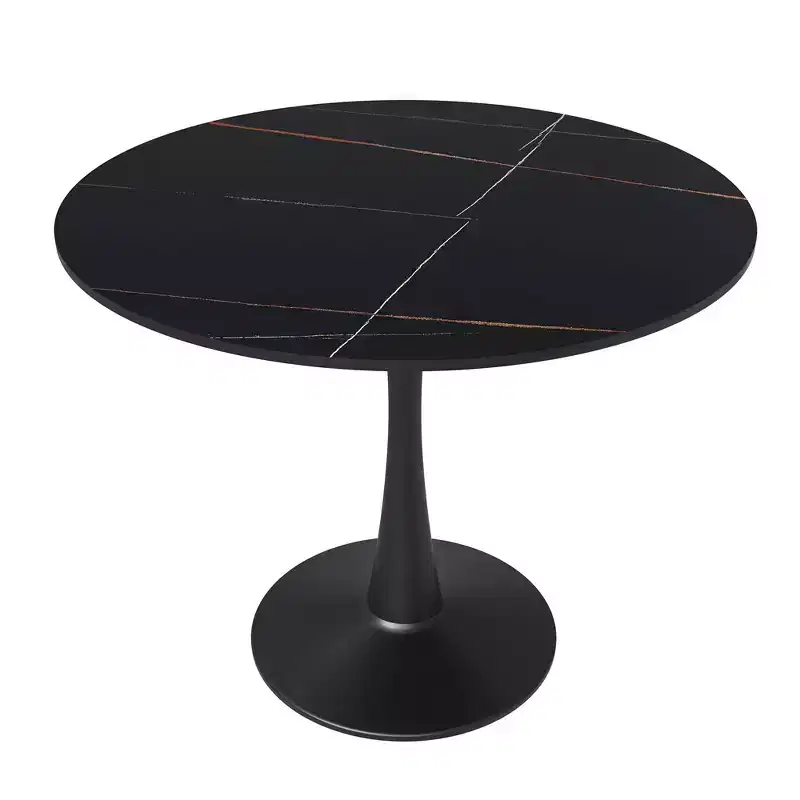 LeisureMod Bristol 35 Round Dining Table  Sintered Stone Top Accent Caf Table & Sturdy Steel Black Pedestal Base for Kitchen and Small Spaces