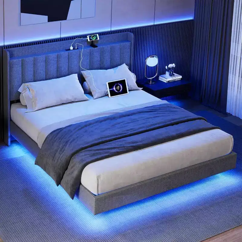 King Floating Bed Frame with Charging Station and Storage Headboard, Upholstered Platform King Size Bed Frame with LED Lights