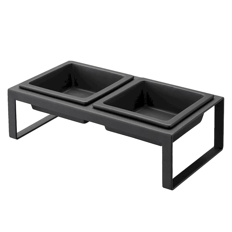 Elevated Pet Food Bowl Stand - Ceramic Bowls with Steel Frame (White/Black)