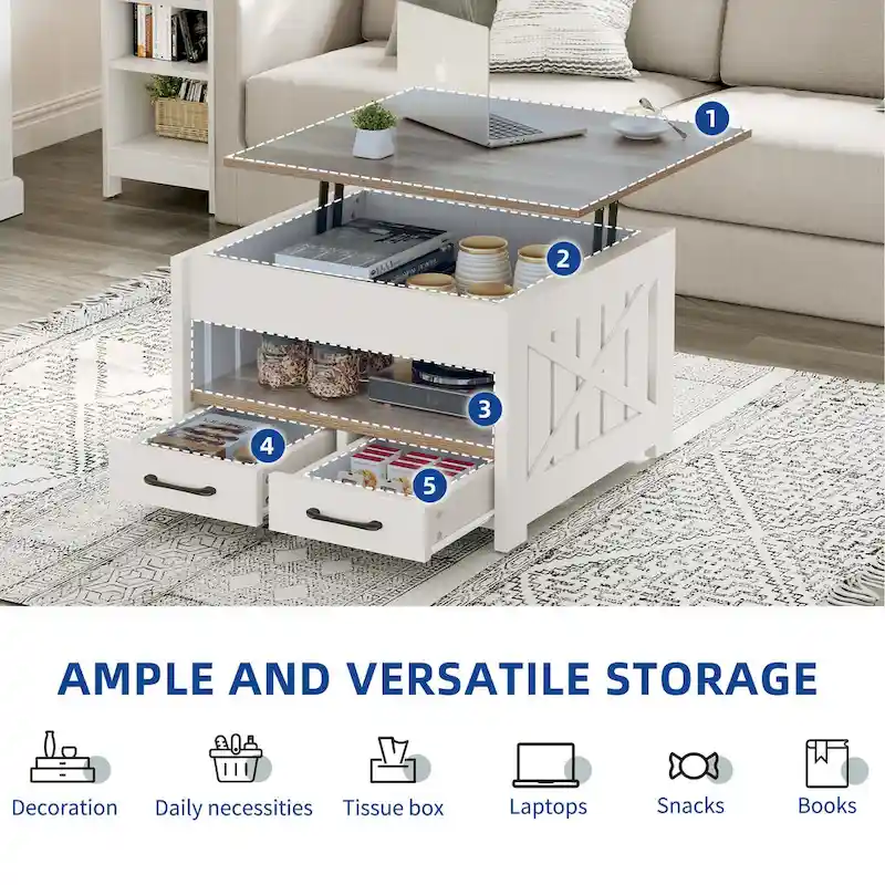 Square Lift Top Coffee Table - White & Gray Wood