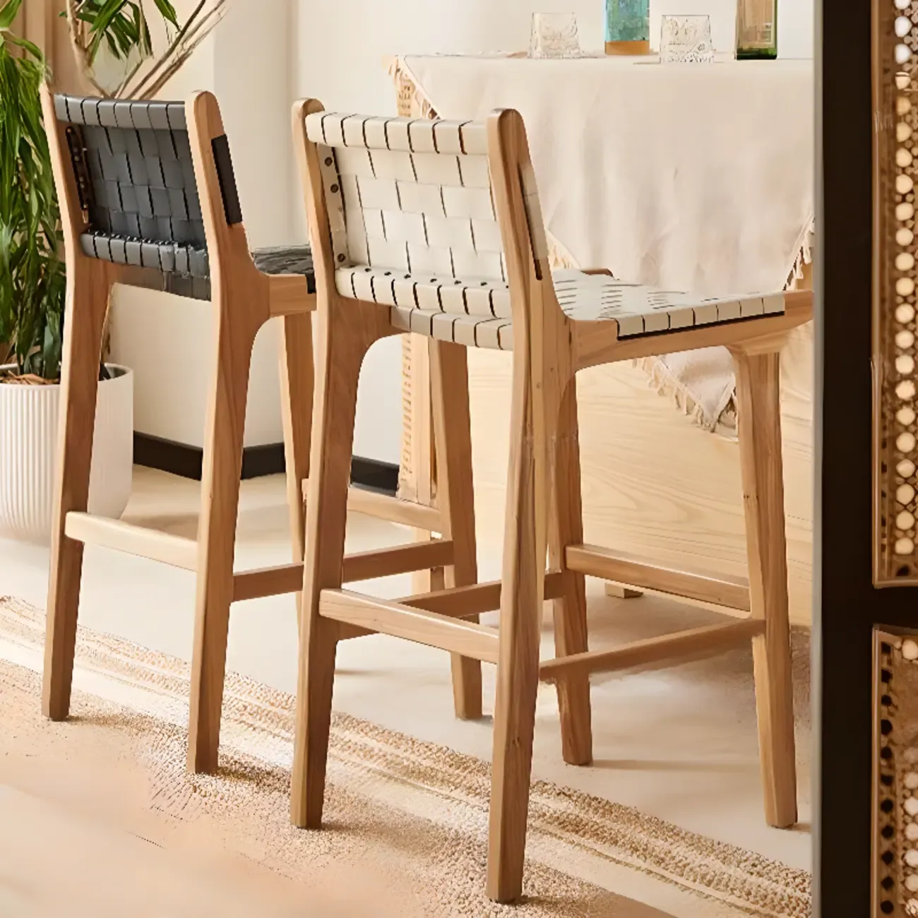 Rustic Faux Leather Wooden Woven Bar Stool
