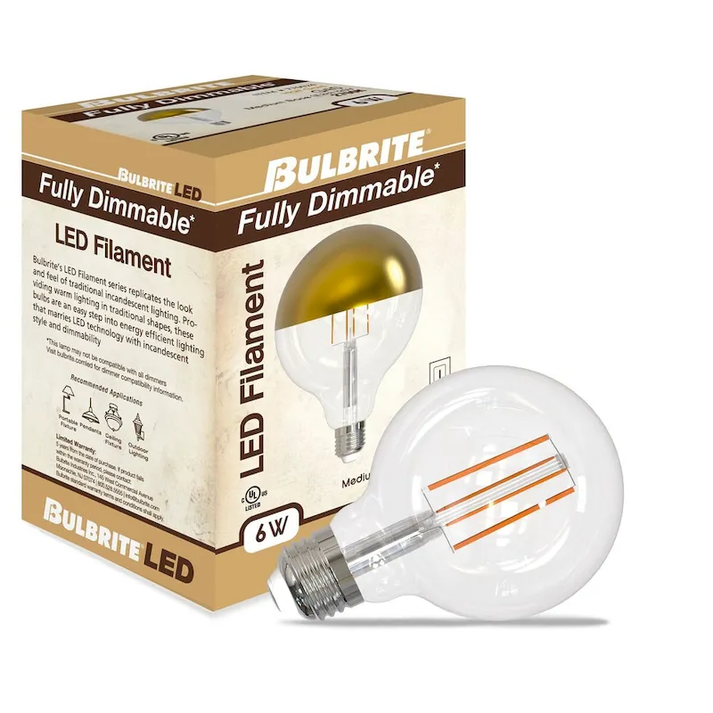Bulbrite LED Filament Pack of (4) 6 Watt Dimmable G40 Light Bulbs with a Half Gold Finish and Medium (E26) Base