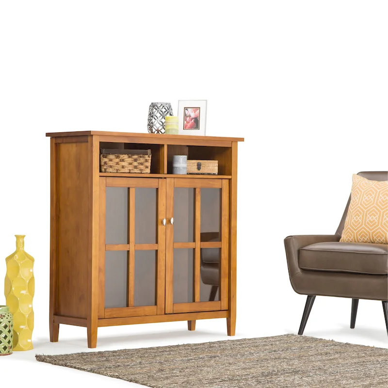 Solid Wood Media Cabinet with Tempered Glass Doors and Adjustable Shelves