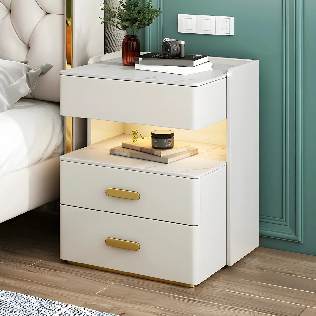 Modern Grey Bedside Table with Drawers and Stone Top