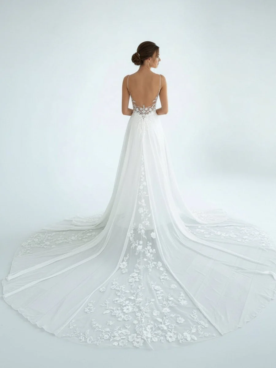 A-Line V Neck Chiffon Boho White Appliques Wedding Dresses