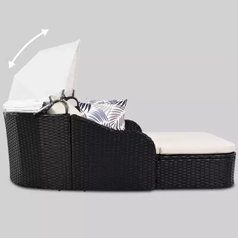 GDFStudio Sidney Patio Modern PE Rattan Double Chaise Lounge Daybed with Adjustable Canopy, Cushions and Pillows