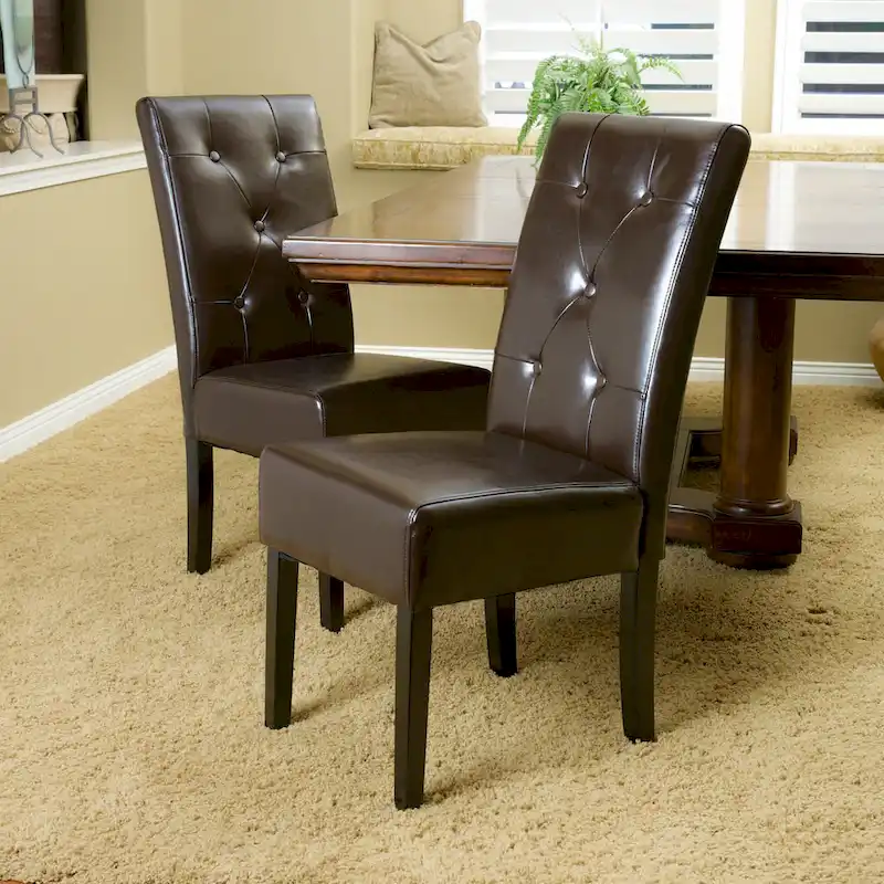 Brown Bonded Leather Dining Chairs Set of 2 - Classic Style