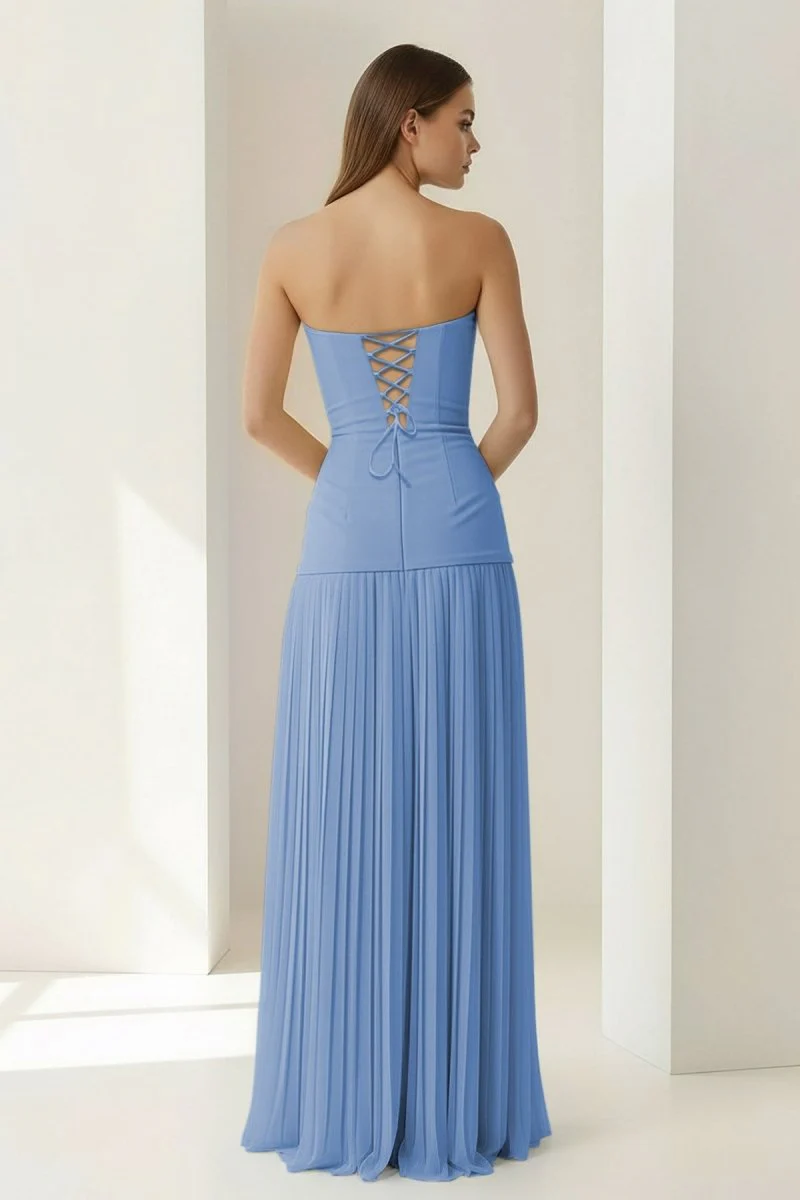 Blue Strapless Sheath Chiffon Pleated Long Prom Dresses