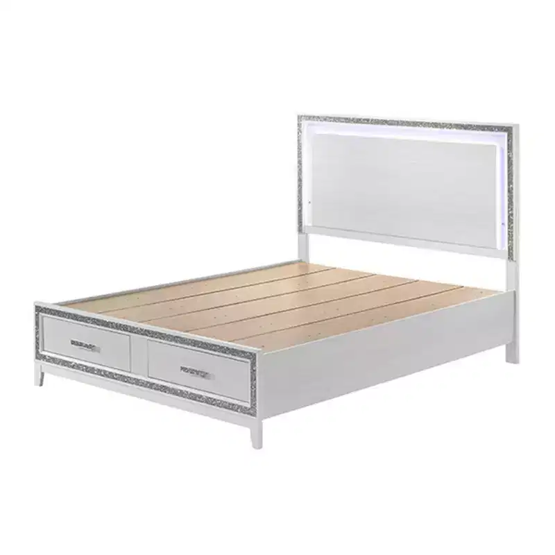 Acme Furniture 84" Eastern King Bed Haiden Bed White Finish: Faux Leather Upholstery, LED Light, Storage Drawer