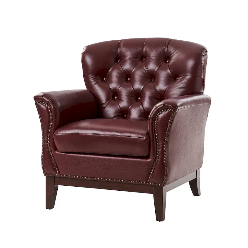 Genuine Leather Tufted Wingback Accent Chair with Nailhead Trim