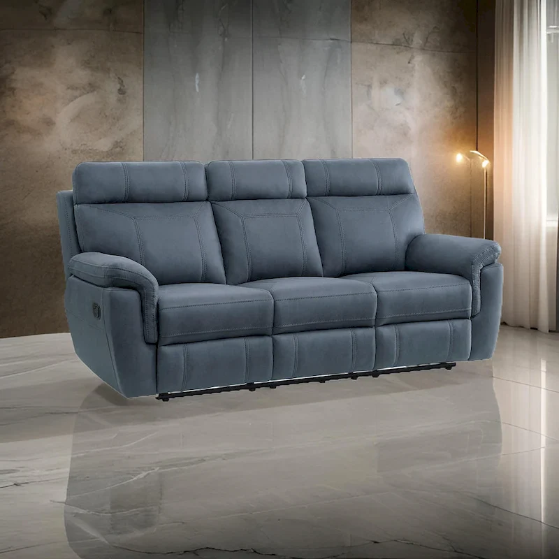 85 Inch Manual Reclining Sofa, Blue Microfiber, Solid Wood, Metal
