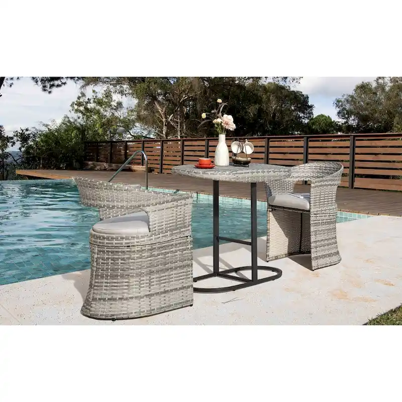 Outdoor Patio 3-Piece Bistro Set, Iron and Rattan Frame, Gray
