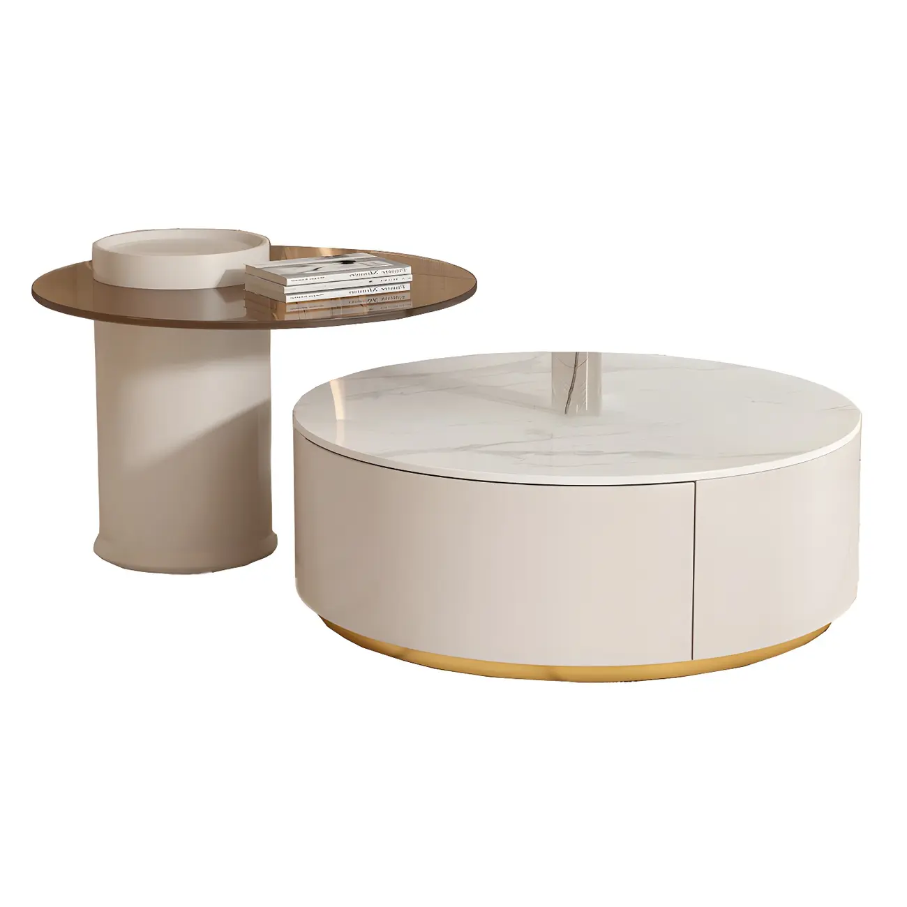 White Modern Round Drum Wood Drawer Coffee Table