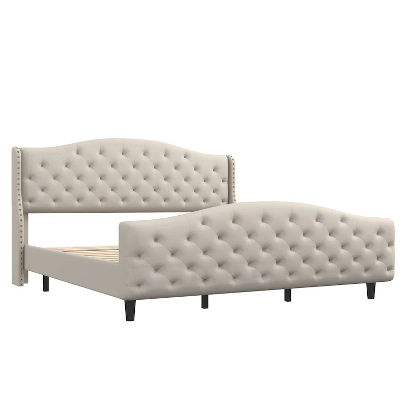 Bed Frame, Wingback Upholstered Button Tufted Headboard, No Box Spring Needed, Load Up to 800Lbs
