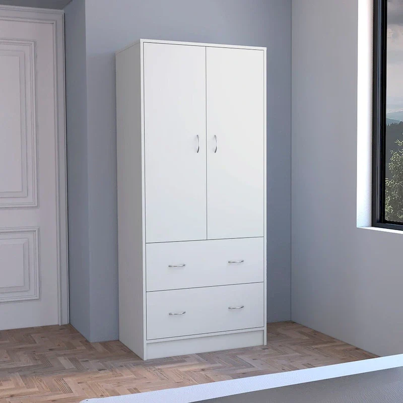 Black / White Engineered Wood Armoire with Double Doors, Hanging Rod and 2 Drawers