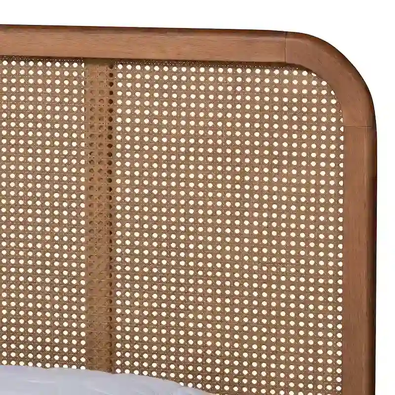 Mid-Century Modern Synthetic Rattan Wood Platform Bed - Walnut