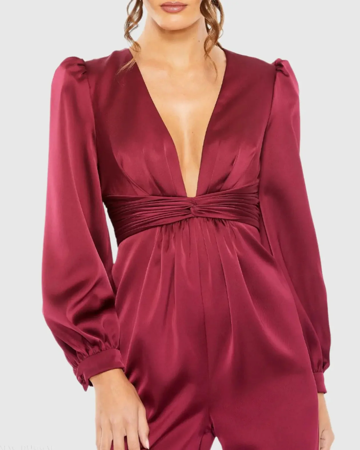 Red Front Twist Puff Sleeve Deep V Jumpsuit