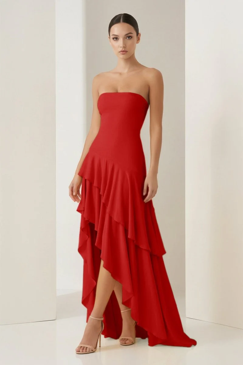 Blue Sheath Strapless Spandex High Low Long Prom Dresses with Ruffles