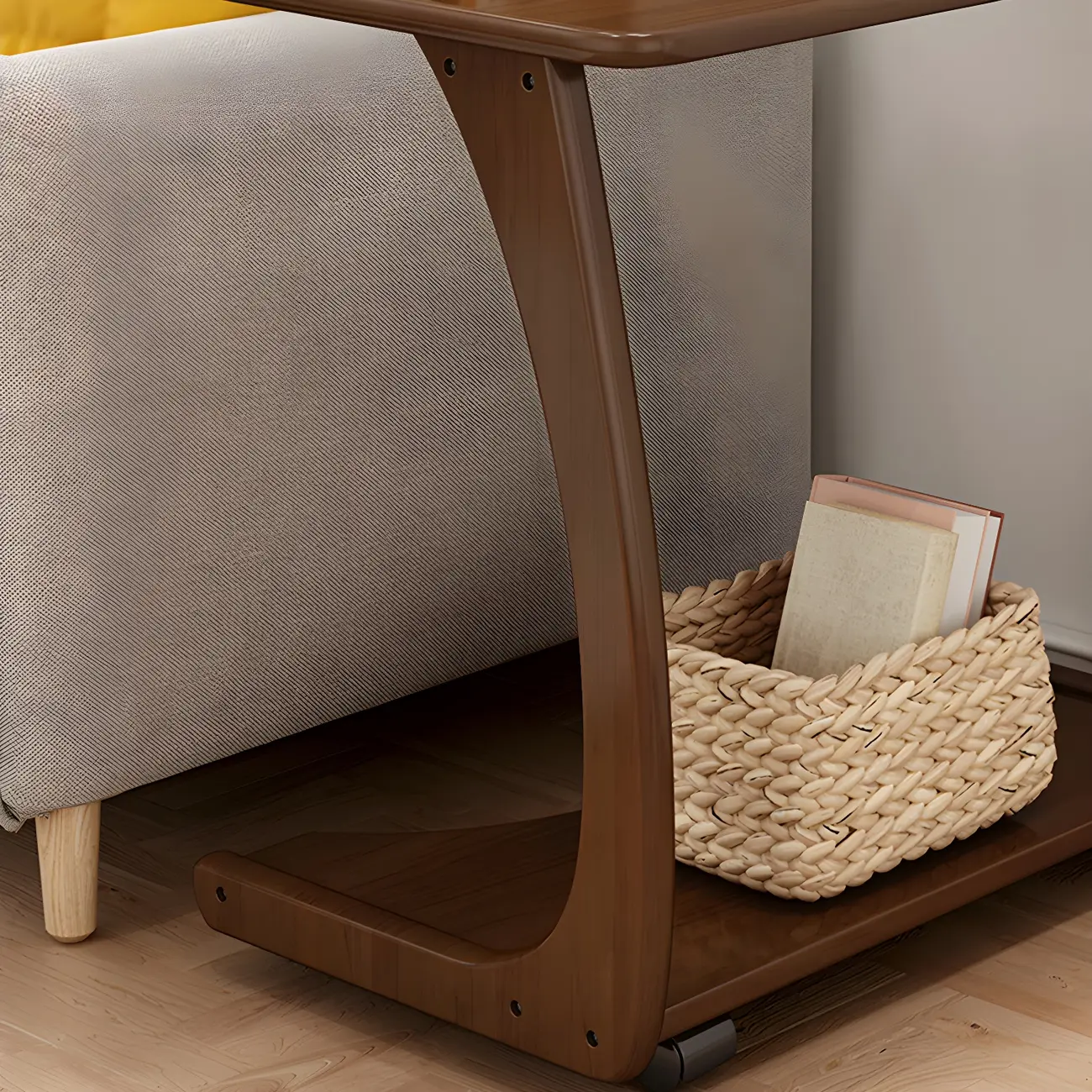 Walnut C-Shaped Side Table With Casters