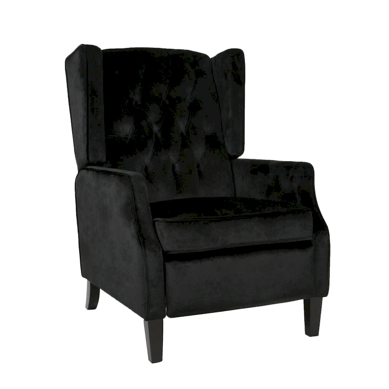 Black Velvet Mid-Century Wingback Push-Back Recliner with Footrest, Button-tufted Back