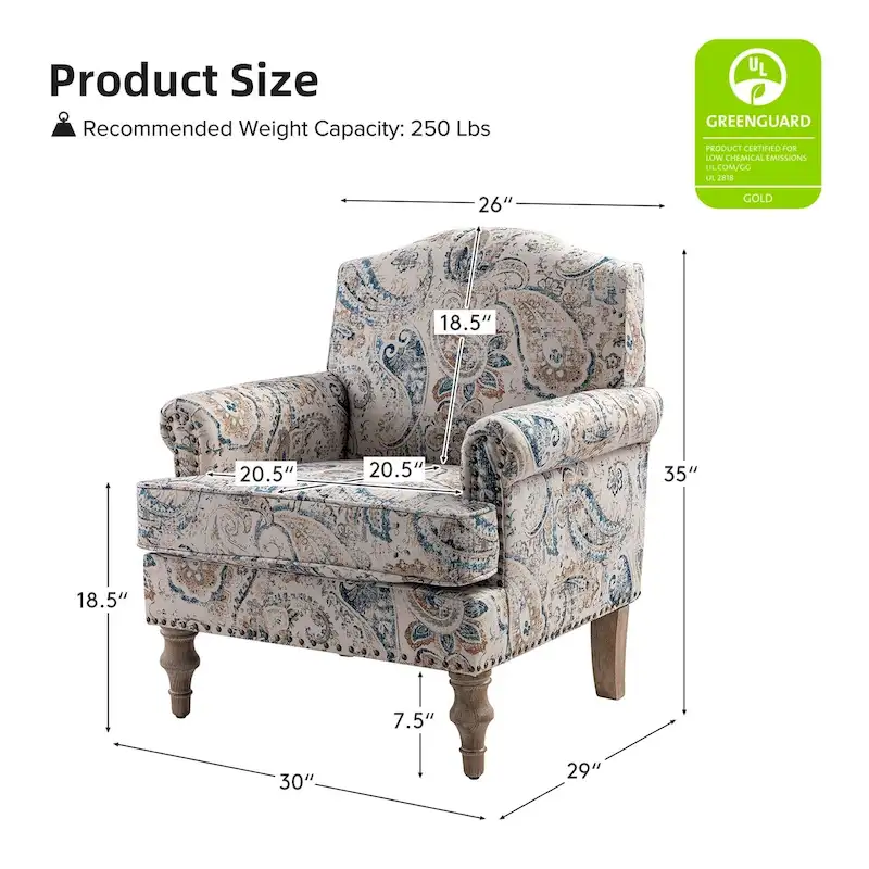 Grey/Navy Farmhouse Nailhead Camelback Armchair, 1-Person