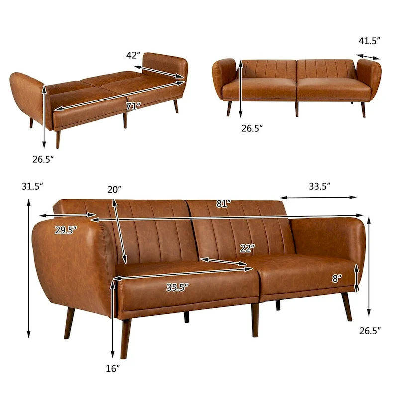 Convertible Futon Sofa Bed - Black PU Leather - Adjustable 3-Position