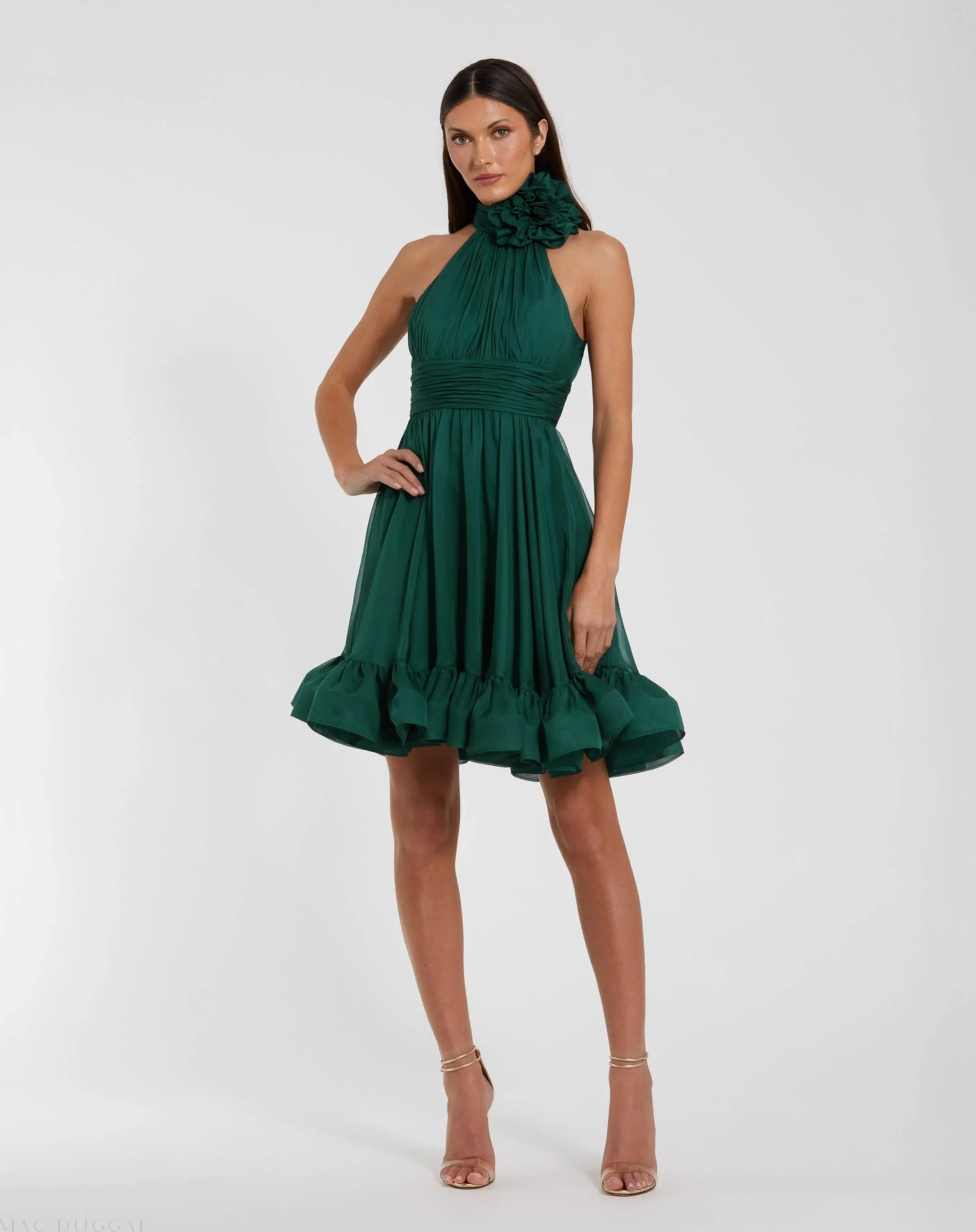 Green Sleeveless Chiffon Mini Dress With 3D Flower