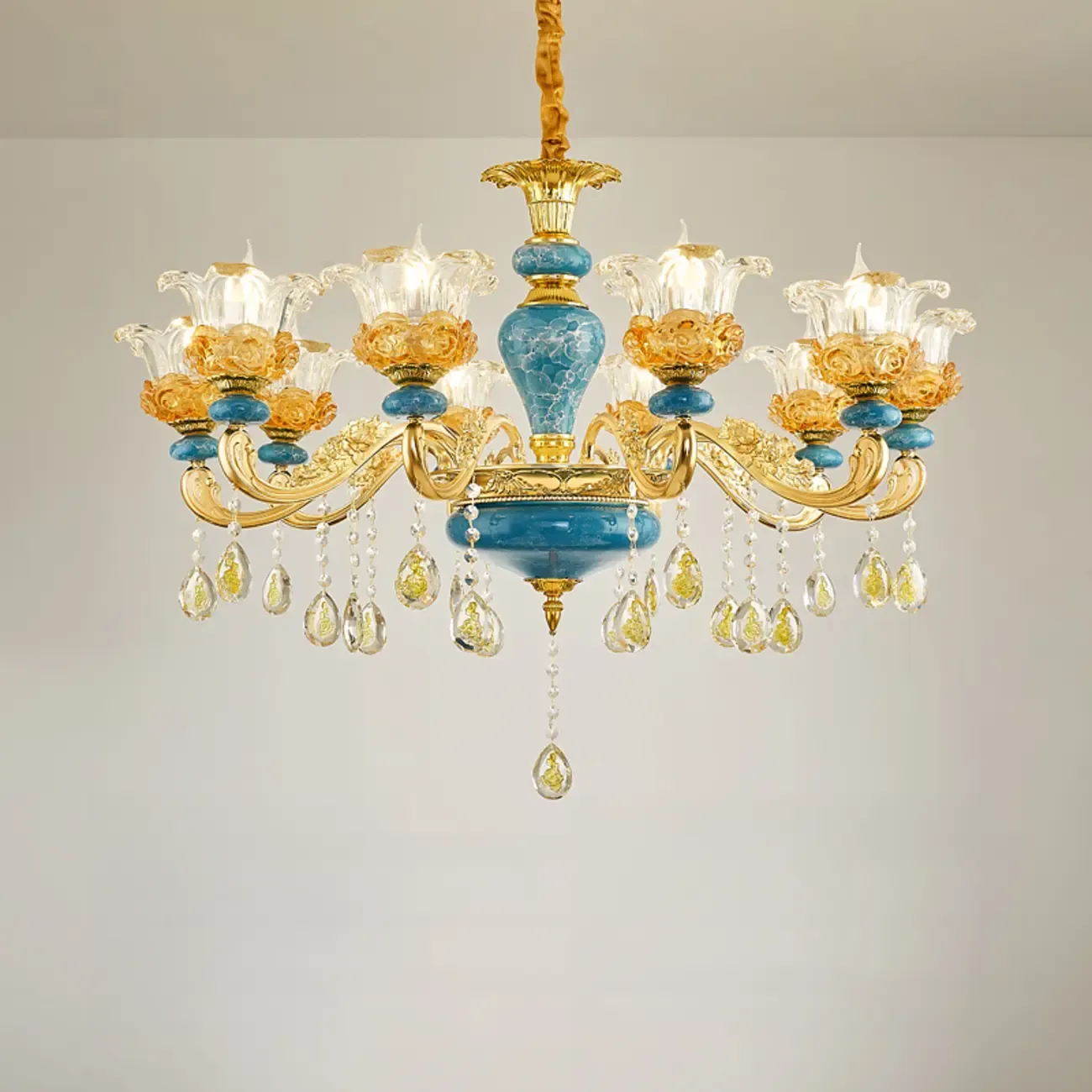 Large Luxury Brass Flower Shape Clear Glass Chandelier