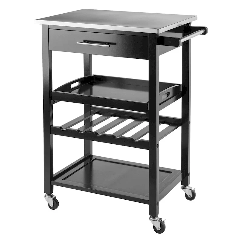 Black Stainless Steel Top Kitchen Cart with Drawer, Wine Rack & Casters