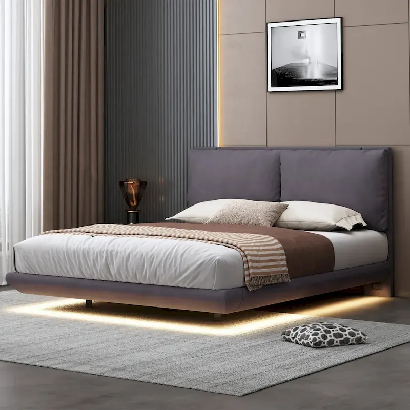 Queen Velvet Floating Platform Bed with Sensor Light