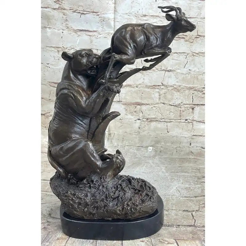 Bronze Statue Sculpture Of Lion Hunting Gazelle Impala Handmade Art Decor Safari
