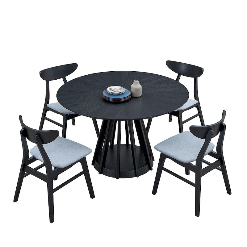 5 Pcs Solid Wood Dining Table Set, Round Kitchen Furniture Set with Wooden Pedestal Kitchen Table and 4 Upholstered Chairs