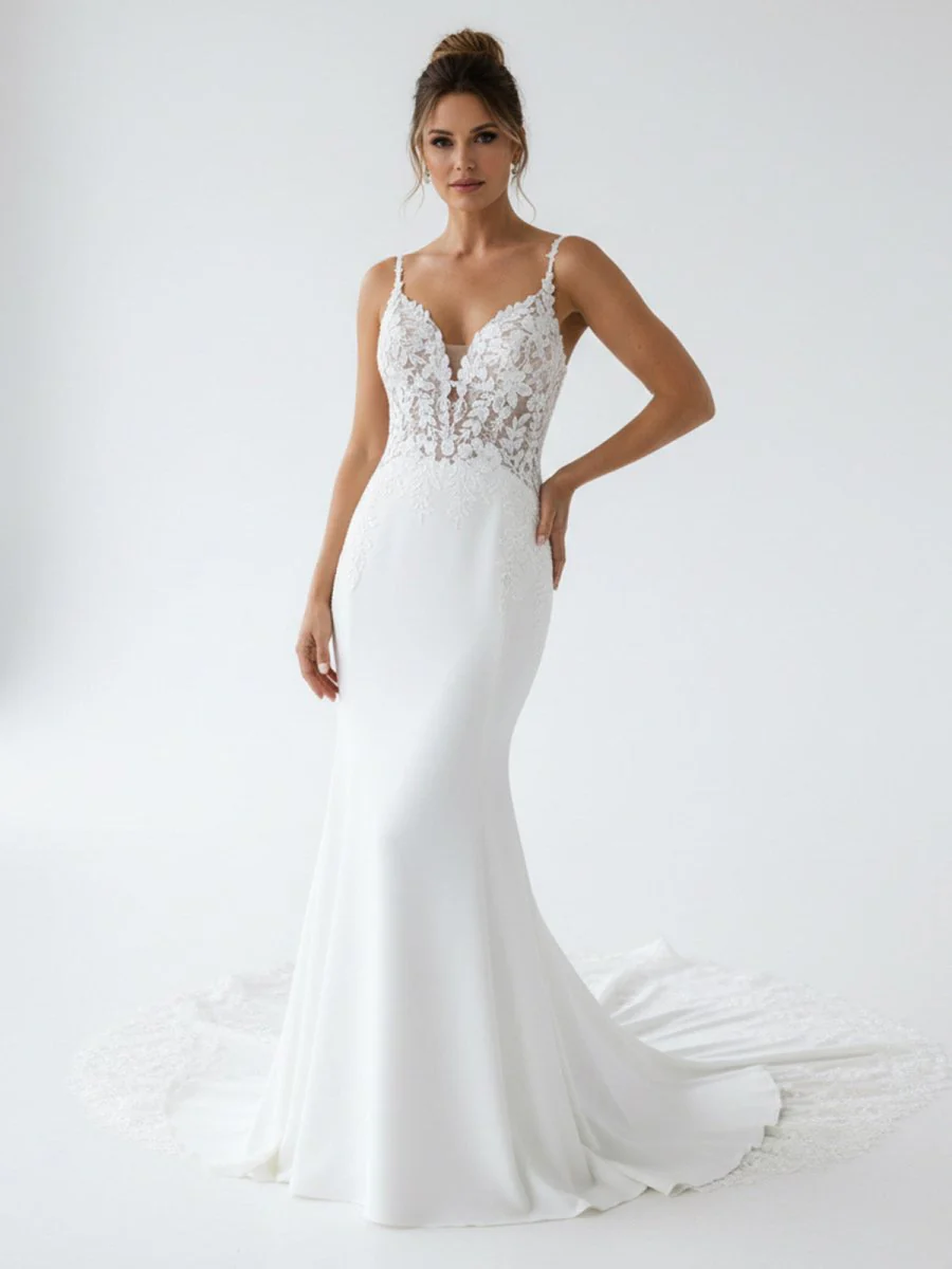 Mermaid V Neck Satin Wedding Dresses with Lace Appliques