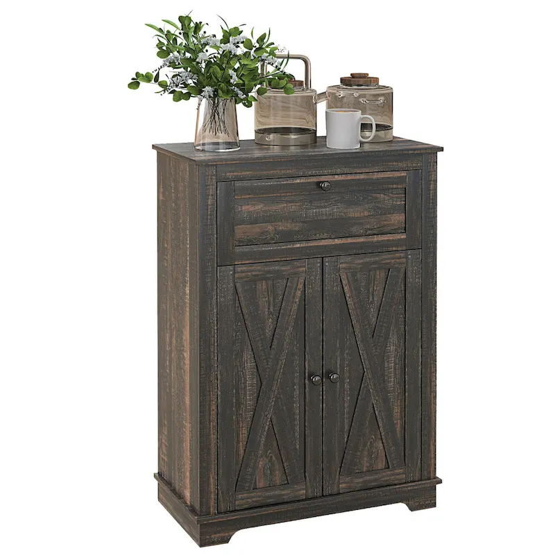 Farmhouse Barn Door Accent Cabinet, Kitchen Sideboard Storage Cabinet with Double Doors, Drawer, and Adjustable Shelf