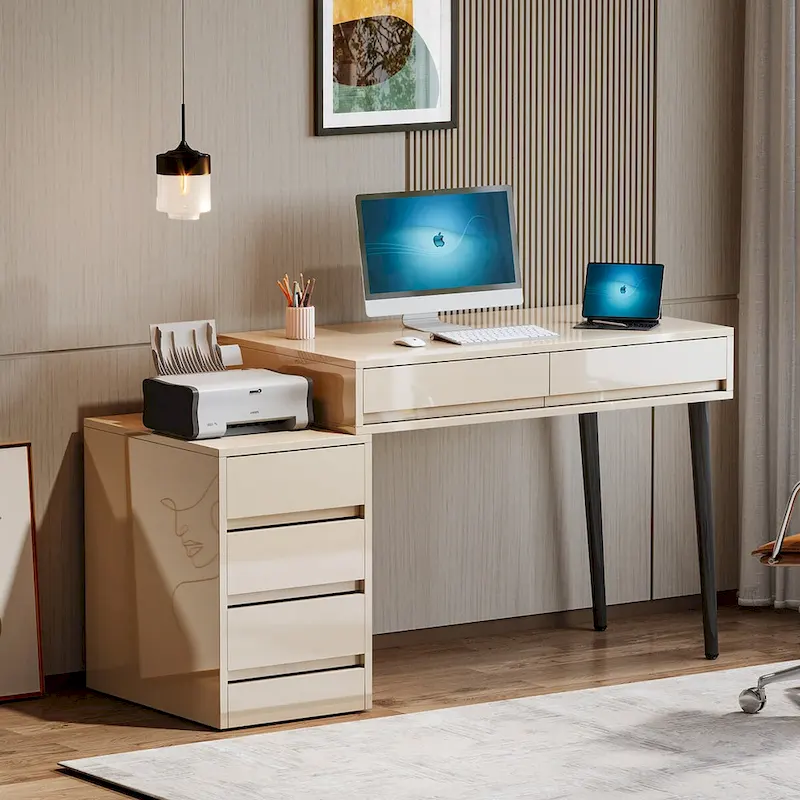 Reversible Computer Desk with 5 Drawers & Printer Stand – High Gloss White