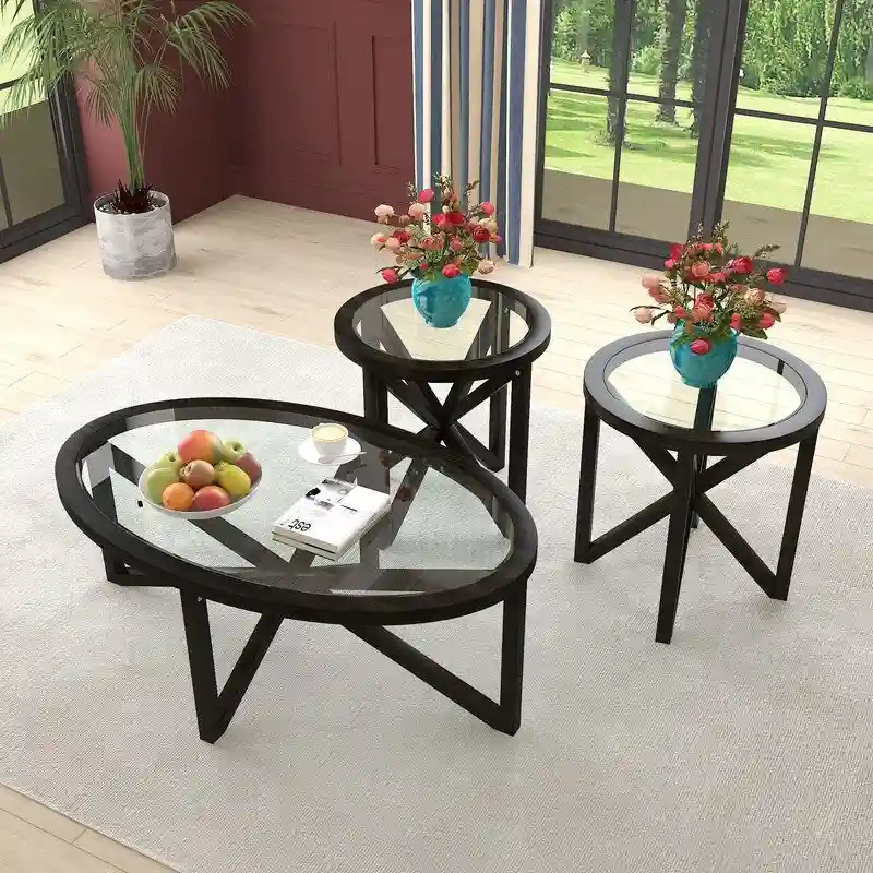 Modern Glass Coffee Table X-Cross Solid Wood Base End Table