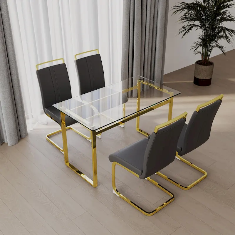 Modern Style 5-Piece Dining Set with Rectangular Tempered Glass Table and High Back Golden Plating Legs Dining Armless Chairs