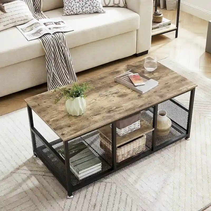 3-Tier Coffee Table with Metal Frame and MDF Shelves
