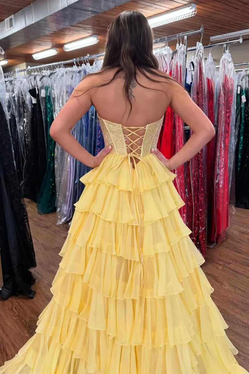 Yellow - A Line Strapless Chiffon Beaded Corset Long Prom Dress With Slit