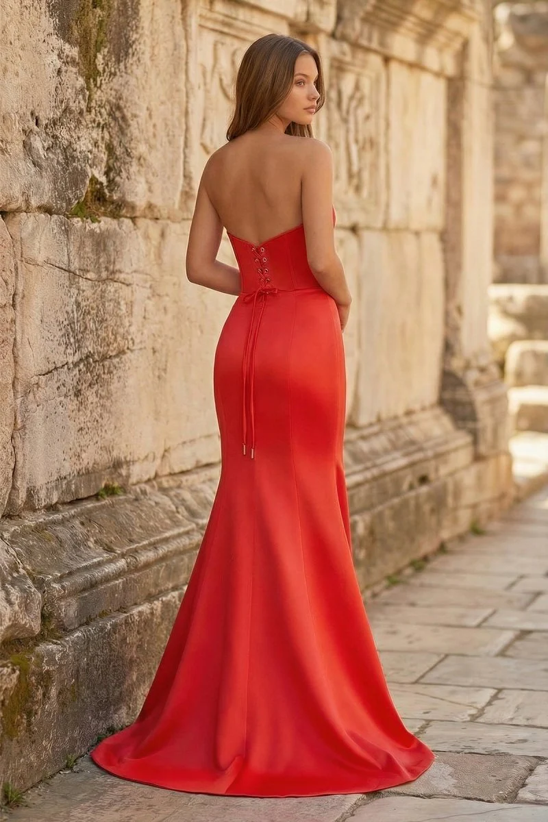 Red Mermaid Strapless Satin Long Prom Dresses With Slit