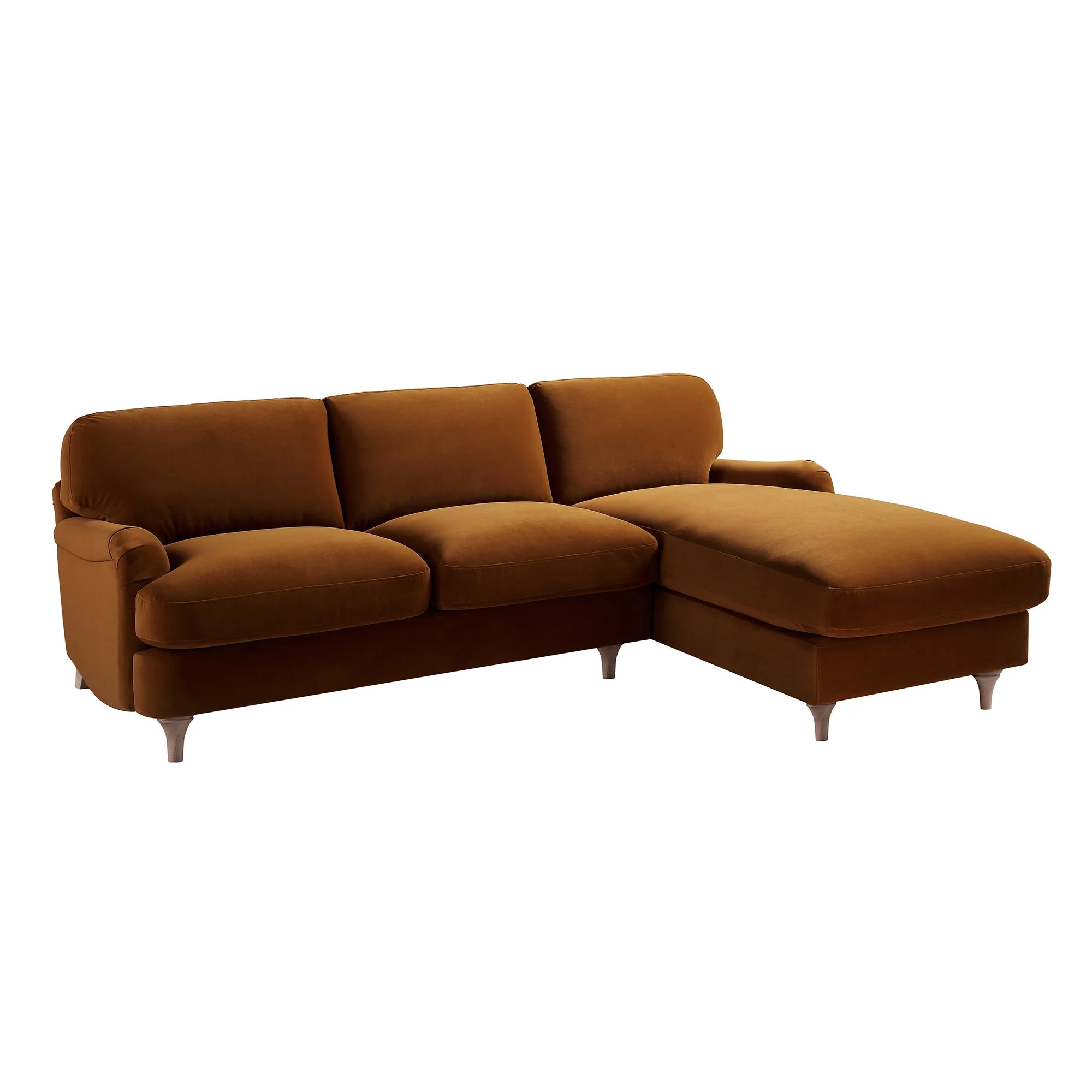 Cinnamon Velvet Sofa, Grande Chaise Sofa Right Hand Facing