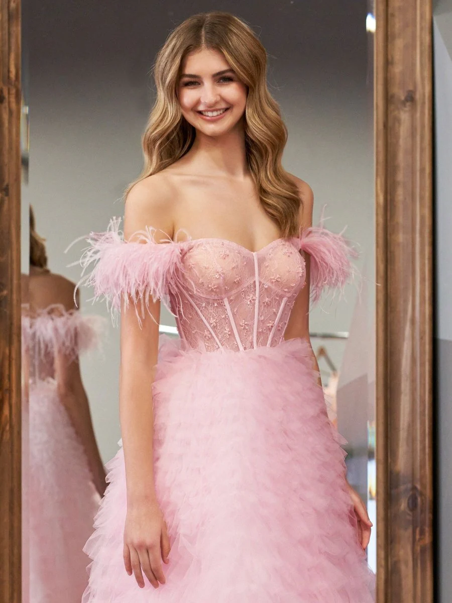 A Line Sweetheart Tiered Tulle Long Prom Dress With Slit