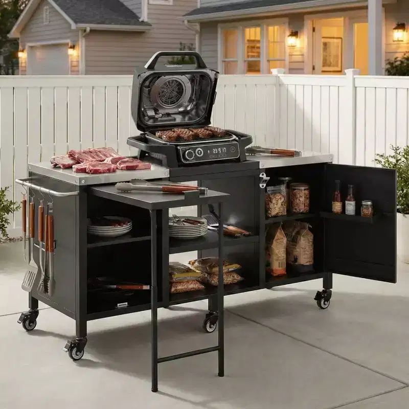 ModernLuxe 72 Large Outdoor Grill Cart for Big Green Egg & Kamado Joe, Stainless Steel Top Kitchen Island with Fold-out Table & Storage Cabinet-Black