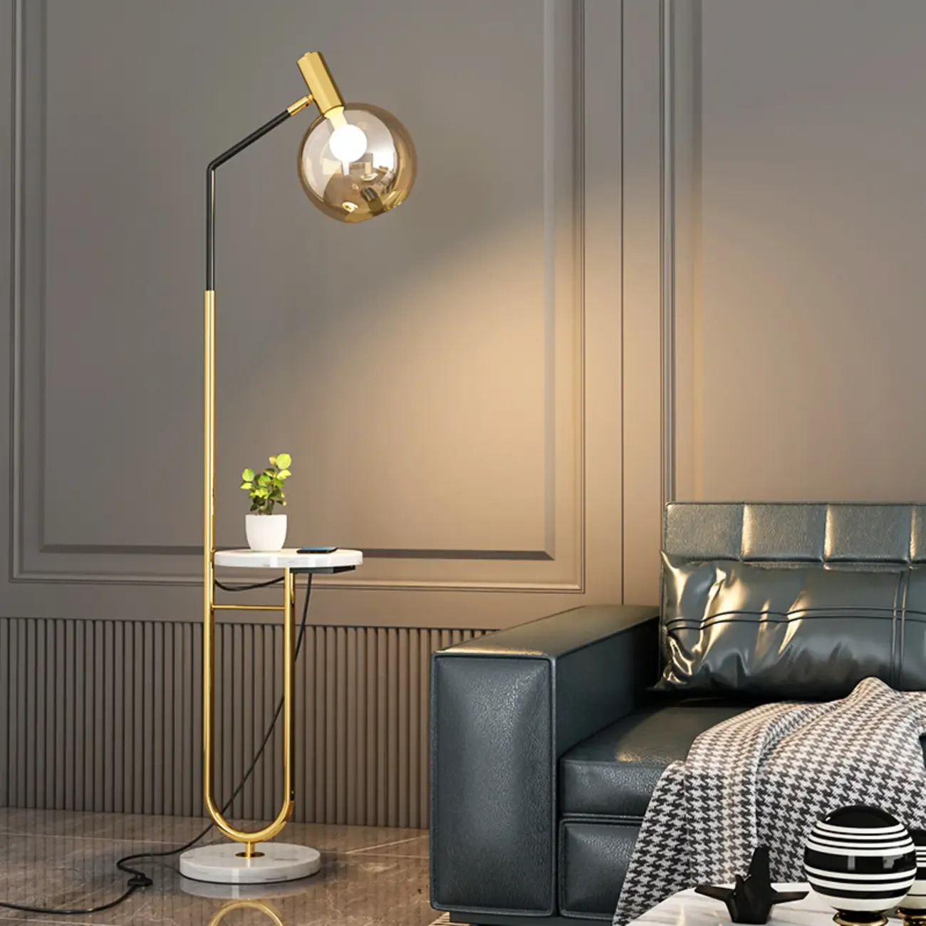 Modern Metal Globe Glass Arc Floor Lamp with Table