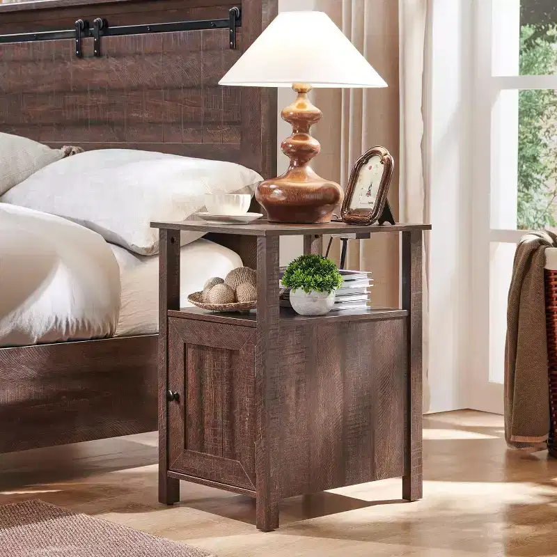 SinCiDo Farmhouse Set of 2 Nightstands w/Charging Station, Wood End Table with Barn Door & Open Shelves for Bedroom, Living Room