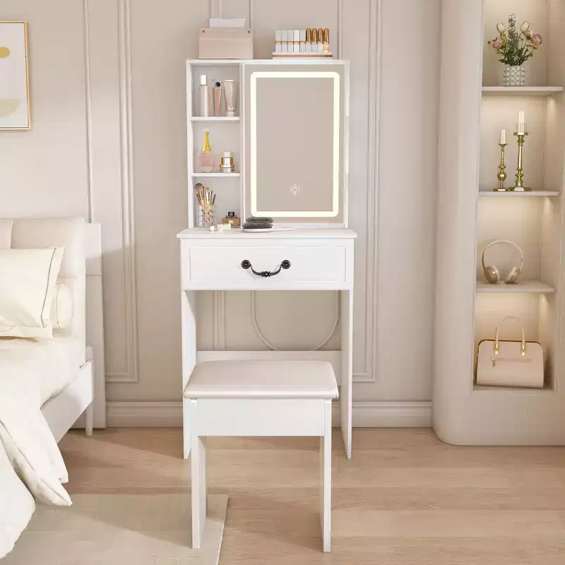 JVNOXK Modern Mini Vanity Table with Dimmable LED Light Mirror, Hidden Storage Space, Multi-Layer Shelves and Cushioned Stool, White