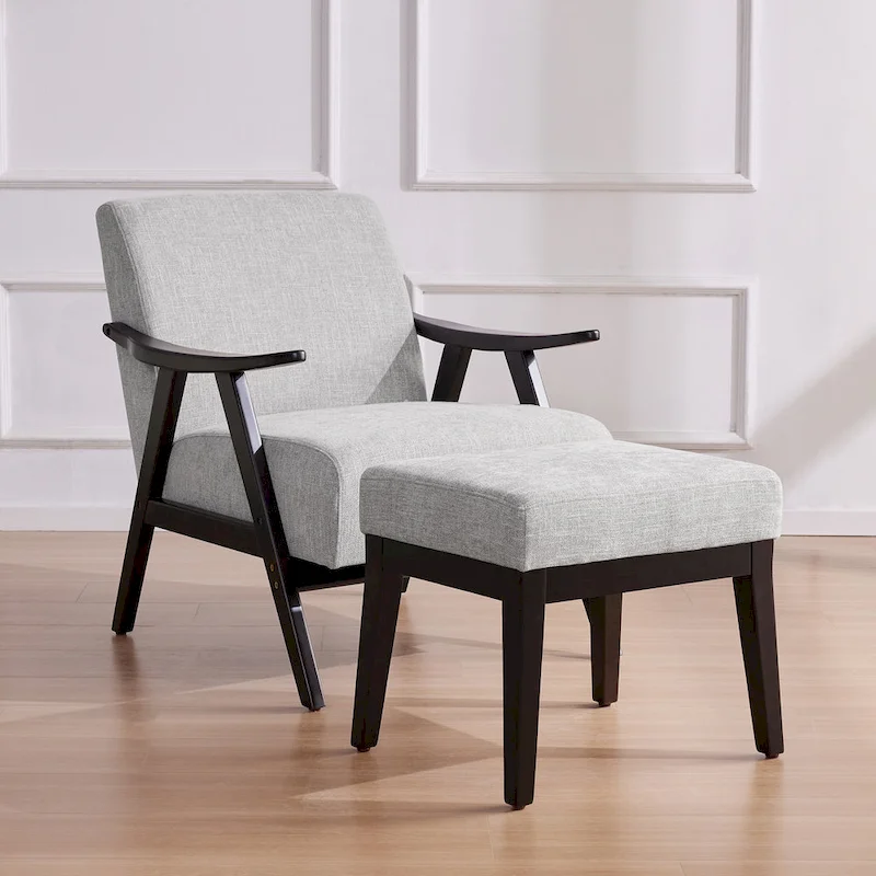 Mid Century 27.7 Upholstered Arm Chair with Solid Wood Frame and Ottoman