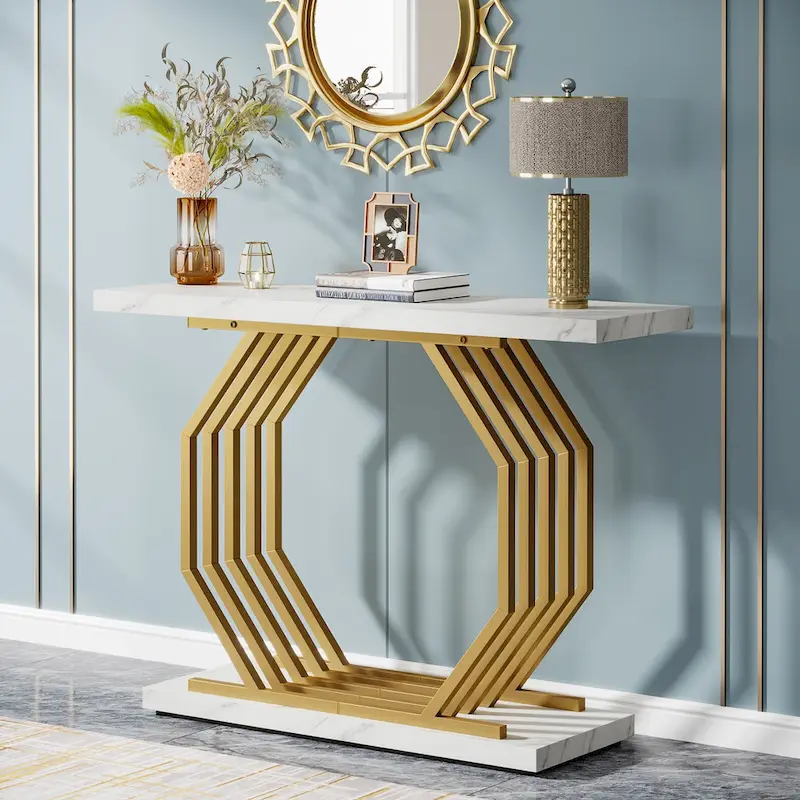 39.37  Gold Console Table, Modern White Marble Sofa Table with Geometric Metal Base