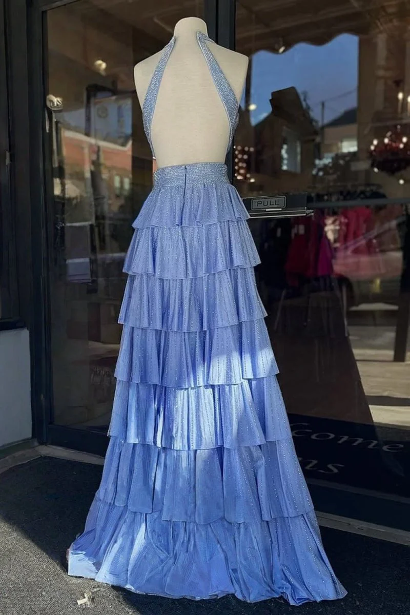 Sky Blue - A-Line V Neck Satin Beaded Long Prom Dresses With Ruffles