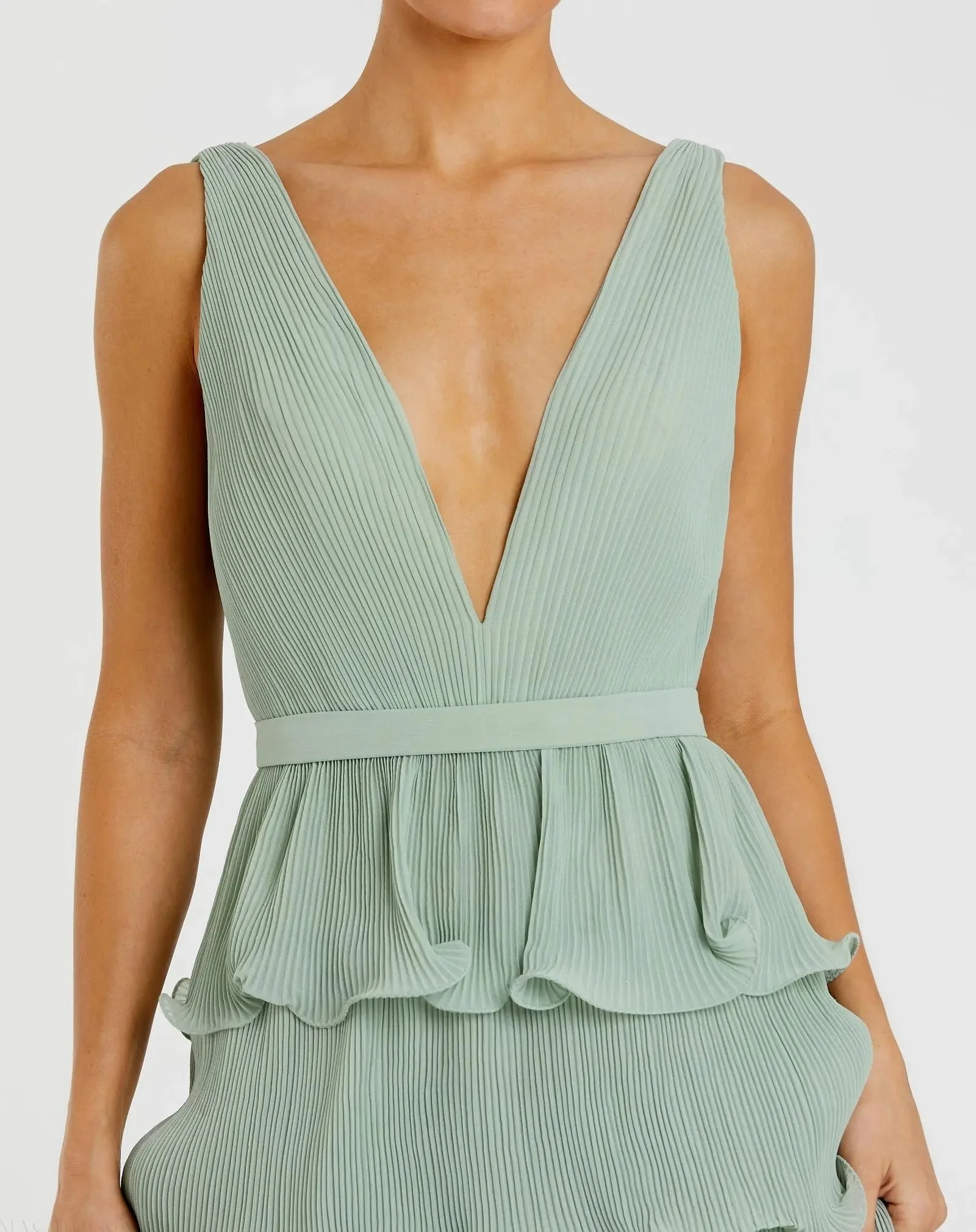 Green Sleeveless Ruffle Tiered V Neck Gown
